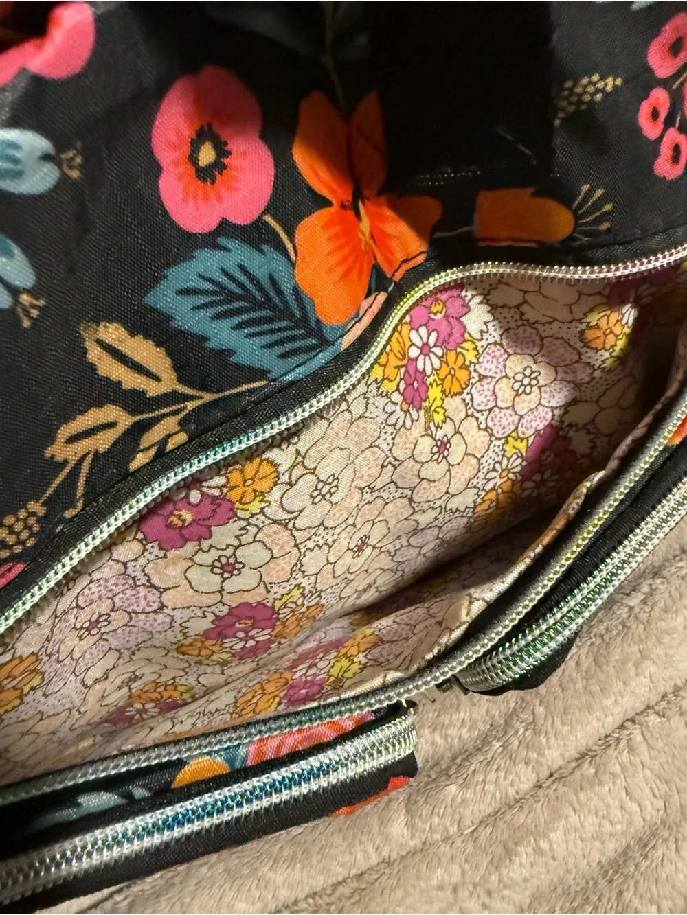 Floral Black Baby Bag with Pink and Orange Blooms